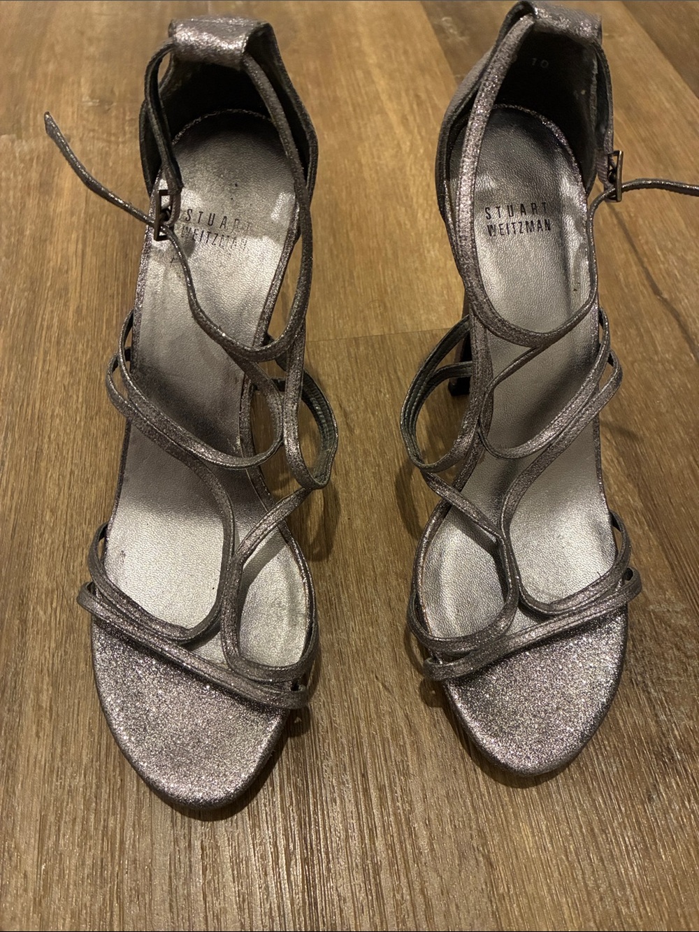 Stuart Weitzman Silver Metallic Strappy High Heel Sandals